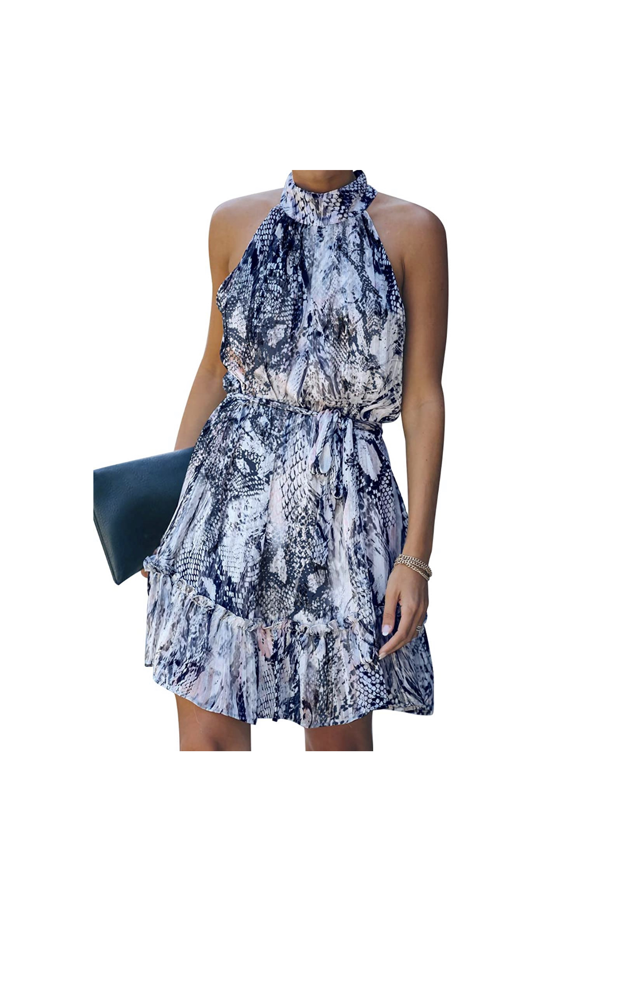 Maisolly Women’s Sleeveless Halter Neck Tie Waist Floral Print Chiffon Dress