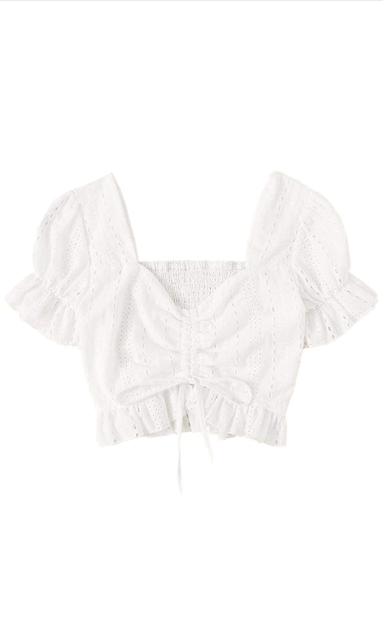 Crop Top Short Flounce Sleeve V Neck Drawstring Solid Blouse