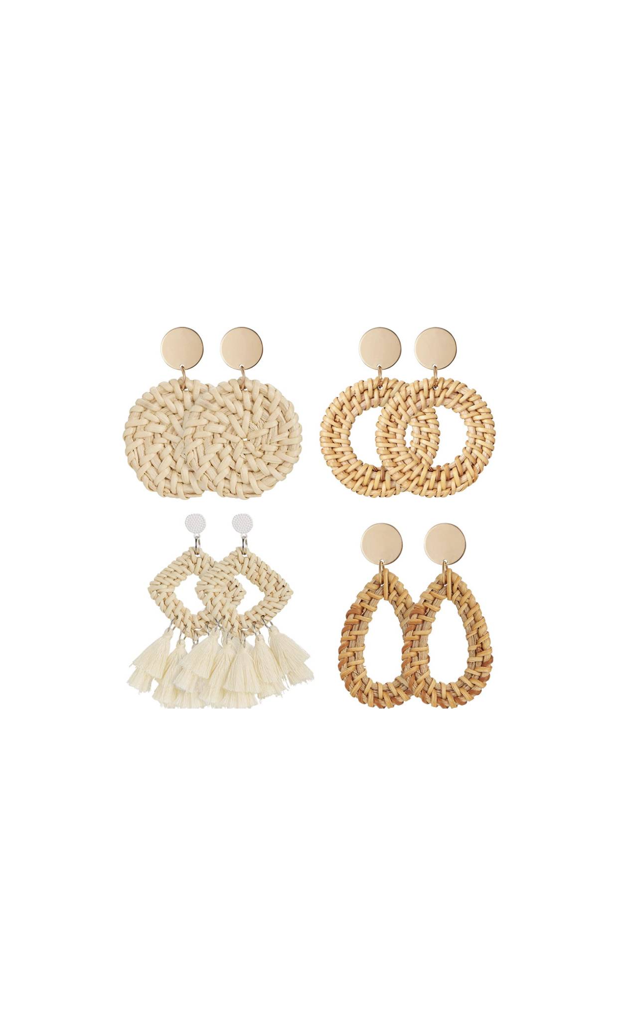 4 Pairs Rattan Earrings Lightweight Geometric Statement Tassel Woven Bohemian Earrings Handmade Straw Wicker Braid Hoop Drop Dangle Earrings For Women