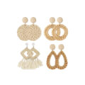 4 Pairs Rattan Earrings Lightweight Geometric Statement Tassel Woven Bohemian Earrings Handmade Straw Wicker Braid Hoop Drop Dangle Earrings For Women